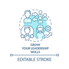 Grow leadership skills turquoise concept icon. Become certified coach course abstract idea thin line illustration. Isolated outline drawing. Editable stroke. Arial, Myriad Pro-Bold fonts used