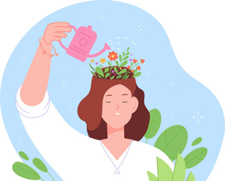 Growth Positive Think. Optimistic Thinking, Confident Woman Pouring Flower In Self Head Brain, Fulfillment Mental Health Mind Care Mindset, Psychology Concept Vector Illustration