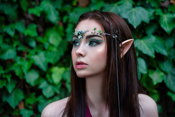 Portrait of a fantasy elven princess in a green forest. Summer nature forest green tree. Long hair,...