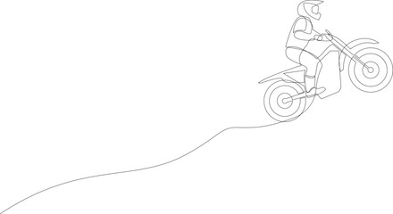 One continuous line drawing of young motocross rider climb mound of land at race track. Extreme sport concept. Dynamic single line draw design vector illustration for motocross competition poster