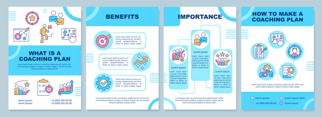What is coaching plan blue brochure template. Team building. Leaflet design with linear icons. Editable 4 vector layouts for presentation, annual reports. Arial-Black, Myriad Pro-Regular fonts used © bsd studio