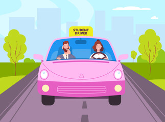 Instructor and student in car. Confident learner driver with inspector passenger exam safety driving road, auto test education drive rules automobile, splendid vector illustration