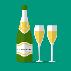 Champagne bottle and champagne glass vector isolated on white background. Alcohol celebration wine champagne bottle. Holiday gold glass new year party beverage champagne romantic drink bottle.