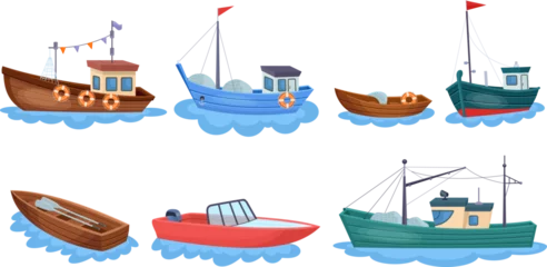 Deurstickers Boats with fishing nets. Fisherman boat marine ship sea ocean fisheries for fish production industrial seafood shippings water vessel fishery towboat, neoteric vector illustration © ssstocker