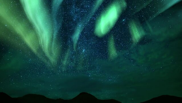 Aurora Green and Milky Way Galaxy Mountains Northeast Tilt Down
