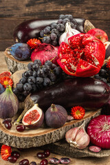 Blue, red and purple food. Culinary background of fruits and vegetables