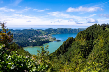 Fototapeta na wymiar Landscape view into the Sete Cidades Twin Lakes, with Green and Blue Colour in the Dense Green Vegetation. São Miguel Island, Azores, Portugal