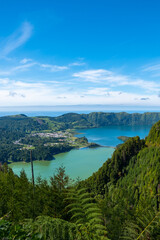 Obraz na płótnie Canvas Magnific wild view into the Sete Cidades Twin Lakes, with Green and Blue Colour in the Dense Green Vegetation. São Miguel Island, Azores, Portugal