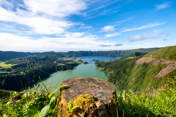 Fototapeta na wymiar Magnific wild view into the Sete Cidades Twin Lakes, with Green and Blue Colour in the Dense Green Vegetation. São Miguel Island, Azores, Portugal