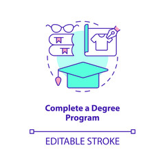 Complete degree program concept icon. Education. Becoming fashion designer abstract idea thin line illustration. Isolated outline drawing. Editable stroke. Arial, Myriad Pro-Bold fonts used