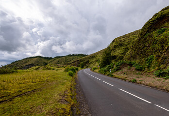 Empty curvy road in the way to Sete Cidades Lake 