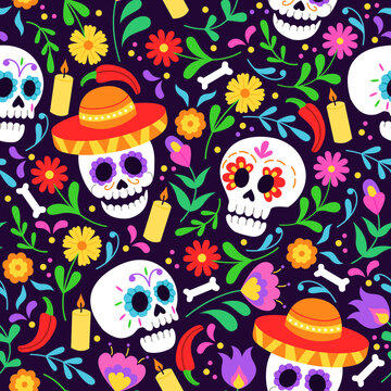 Seamless pattern for Day of the dead Dia de los Muertos holiday. Background  with skull and floral ornament. Vector illustration for fabric, wrapping paper, textile, wallpaper and apparel. 