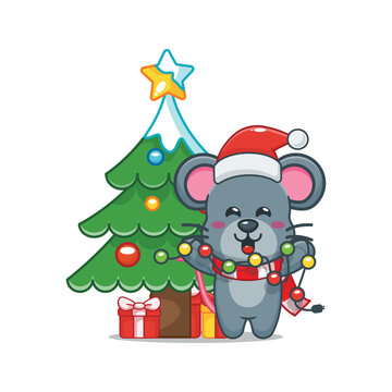 Cute christmas mouse with christmast lamp. Cute christmas cartoon illustration.