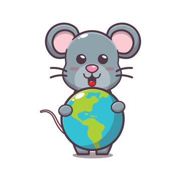Cute mouse cartoon vector illustration hugging earth