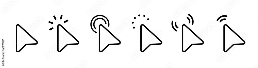 Poster Mouse click cursor set. Hand Cursor. Click icon. Mouse pointer set. Arrow cursor. Pointer click icon. Clicking cursor, pointing hand clicks and waiting loading icons. Website arrows or hand icon.