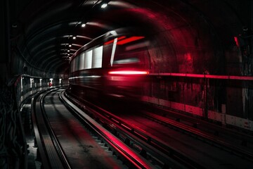 Long exposure of a train driving underground illuminated by red lights