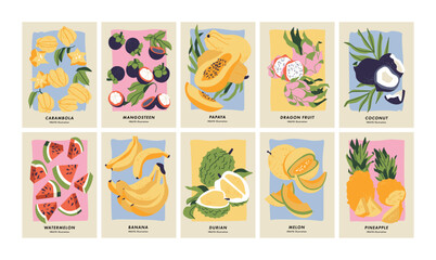Vector illustration set of posters with different fruits. Art for postcards, wall art, banner, background.