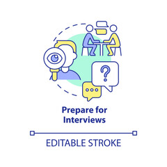 Prepare for interviews concept icon. Apply for position. Becoming data scientist abstract idea thin line illustration. Isolated outline drawing. Editable stroke. Arial, Myriad Pro-Bold fonts used