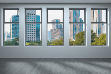 Empty room Interior Skyscrapers View Bangkok. Downtown City Skyline Buildings from High Rise Window. Beautiful Expensive Real Estate overlooking. Day time. 3d rendering.
