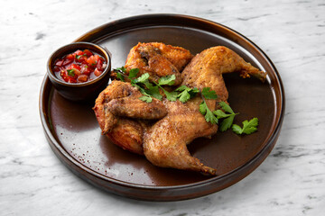 Chicken Tobacco (Tapaka) grilled whole with spicy sauce in a  plate on a marble background. Restaurant banquet menu.