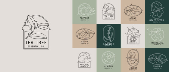 Vector set design templates and emblems - healthy and essential cosmetics oils. Different natural, organic oils. Logos in trendy linear style.