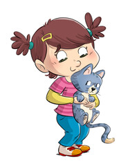 Illustration of a little girl with her kitten in her arms - 521998482