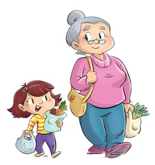 Illustration of a little girl accompanying her grandmother on the purchase - 521998483