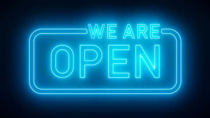 Illustation of glowing neon sign with message, we are open in blue