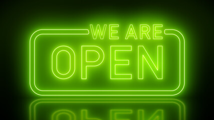 Illustation of glowing neon sign with message, we are open in green