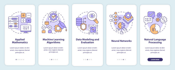 Machine learning engineer skills onboarding mobile app screen. Walkthrough 5 steps editable graphic instructions with linear concepts. UI, UX, GUI template. Myriad Pro-Bold, Regular fonts used