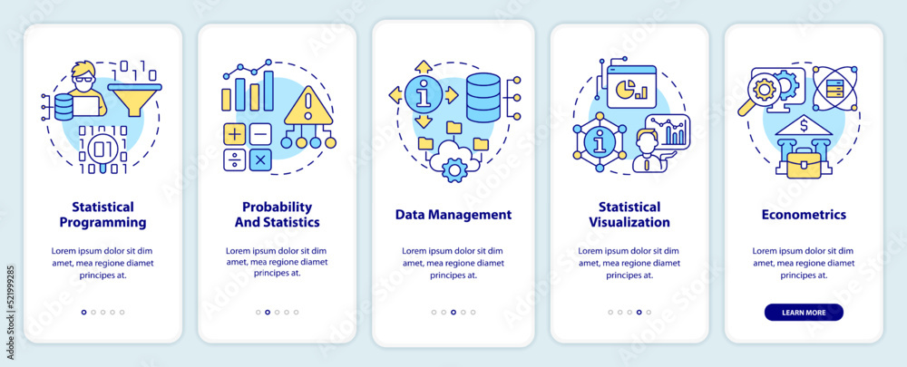 Wall mural data analyst skills onboarding mobile app screen. profession walkthrough 5 steps editable graphic in