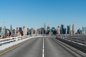 Fototapeta premium Empty urban asphalt road exterior with city buildings background. New modern highway concrete construction. Concept of way to success. Transportation logistic industry fast delivery. New York. USA.