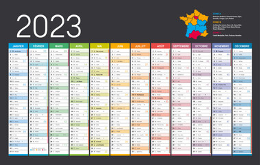 Year 2023 colorful wall calendar, in French language, on dark background. Vector template