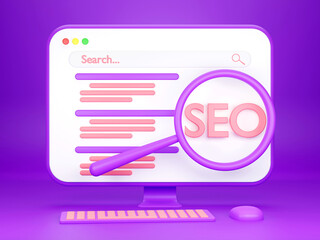 3D render computer display SEO ranking .Search screen with magnifier SEO, search engine optimization, top ranking concept.