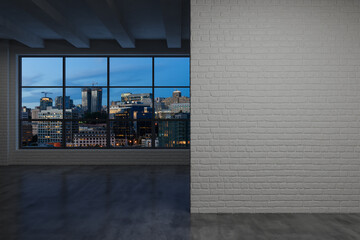 Fototapeta na wymiar Downtown Seattle City Skyline Buildings from High Rise Window. Beautiful Expensive Real Estate overlooking. Empty room Interior. Mockup wall. Skyscrapers Cityscape. Night. USA. 3d rendering