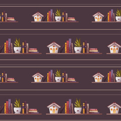 Seamless pattern with Bookshelves. Books, decorative house, potted plant. Bookstore, bookshop, book lover concept. Vector illustration.
