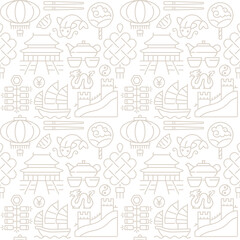 China traditions abstract seamless pattern. Editable vector shapes on white background. Trendy texture with cartoon color icons. Design with graphic elements for interior, fabric, website decoration