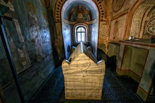 View to the Marble Sarcophagus Tomb of Grand Prince of Kyiv Yaroslav the Wise in St. Sophia Cathedral in Kyiv, Ukraine