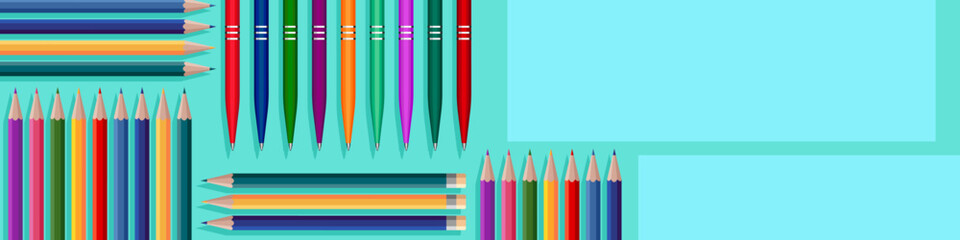 Multi-colored pens and pencils folded into a composition. Banner for making your text. Business concept or study concept