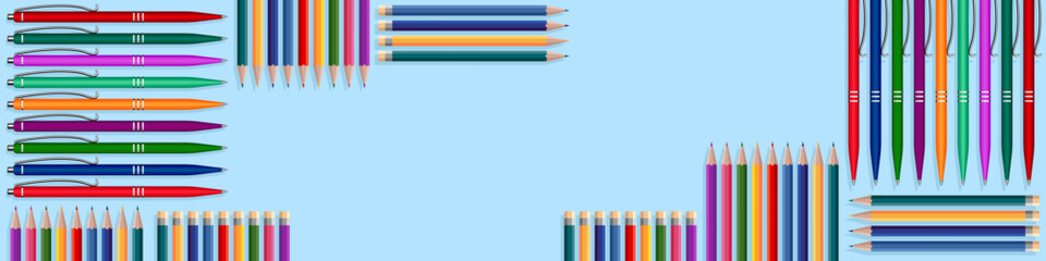 Fototapeta premium Multi-colored pens and pencils folded into a composition. Banner for making your text. Business concept or study concept