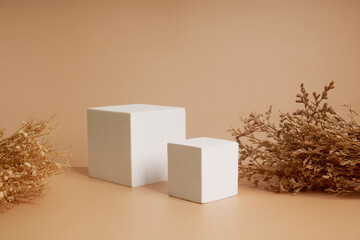 empty white podiums with dry flowers on beige background