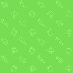 Vegan diet abstract seamless pattern. Editable vector shapes on green background. Trendy texture with cartoon color icons. Design with graphic elements for interior, fabric, website decoration