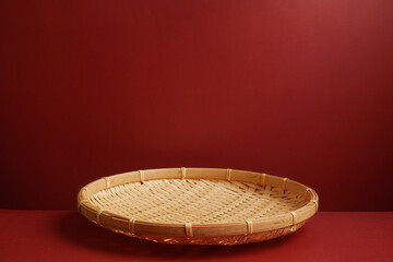 Minimal modern product display on neutral beige background. Wood slice podium and green leaves. Concept scene stage showcase for new product, promotion sale, banner, presentation