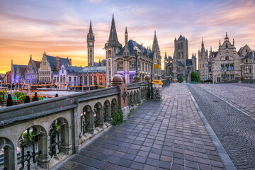 Naklejka premium Ghent city, Belgium, the Old town on sunrise
