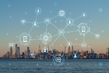 New York City skyline from New Jersey over Hudson River with Hudson Yards skyscrapers, sunset. Manhattan, Midtown. Social media hologram. Concept of networking and establishing new people connections