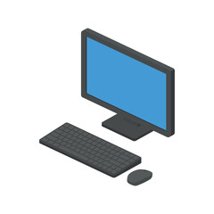 Color illustration monitor, keyboard, mouse on a white background. Vector illustration. Design element for badge, sticker, label, poster, banner, badge. Computer technology. Global Internet.
