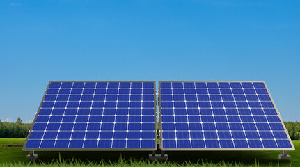 Solar battery of two modules. Renewable electricity. Power plant. Solar battery in front of summer landscape. Renewable electricity supply. Solar battery electricity. Renewable sun modules - obrazy, fototapety, plakaty