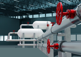 Gas equipment. Supply propane to industrial enterprises. Steel pipes with red valves. Gas supply equipment inside hangar. Gas supplies to factory. Industrial building with pipes. Art focus. 3d image