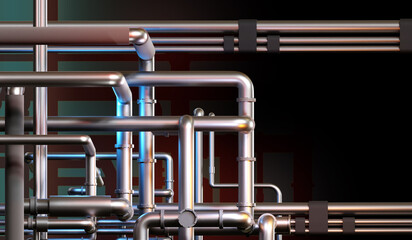 industrial pipes. Steel pipeline near intertwined. Pipeline inside dark factory. Concept pipe in chemical factory. Equipment for chemical production. Engineering pipes system factory. 3d rendering.