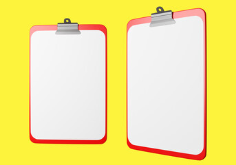 Clipboard without inscription. Two Clipboard in different position. Clipboard with white sheets of paper on yellow. Copy space. Three-dimensional Blanks for records. Cartoon style. 3d rendering.